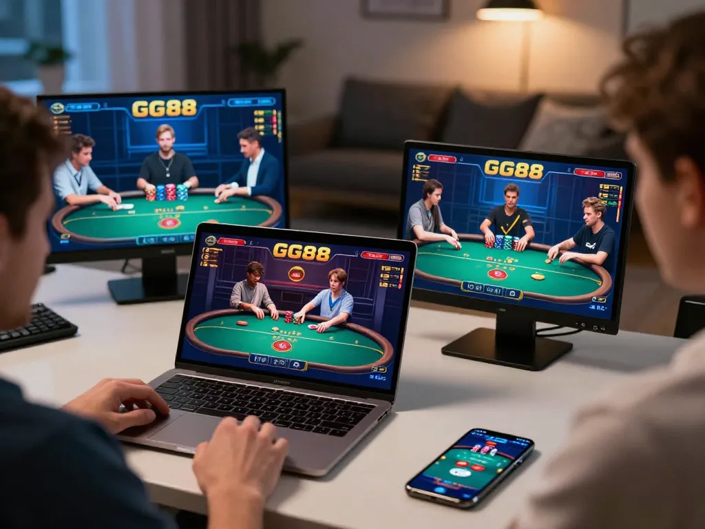 Engaged players strategizing in an online poker game at GG88, showcasing modern gaming setup.