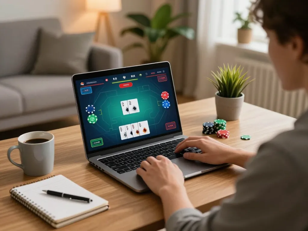 Player enjoying mposport online poker from home, laptop screen displaying gameplay and strategy notes.
