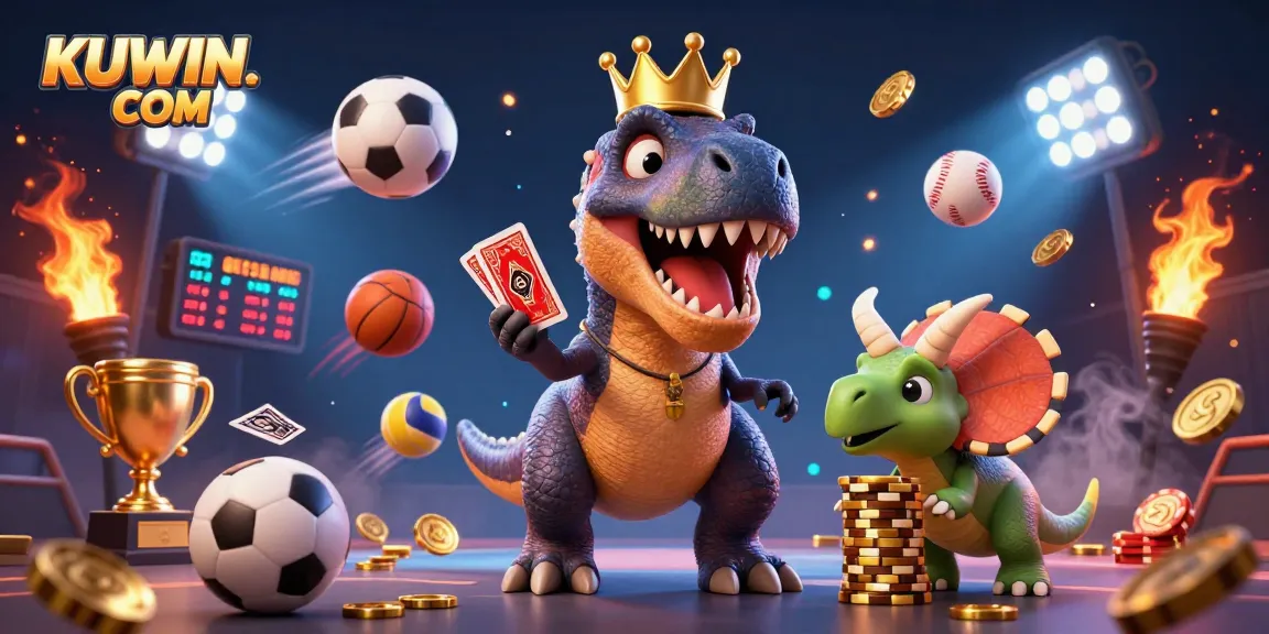 Experience the excitement of KUWIN. COM with a vibrant 3D illustration of a T-Rex and friends engaged in thrilling gambling adventures.