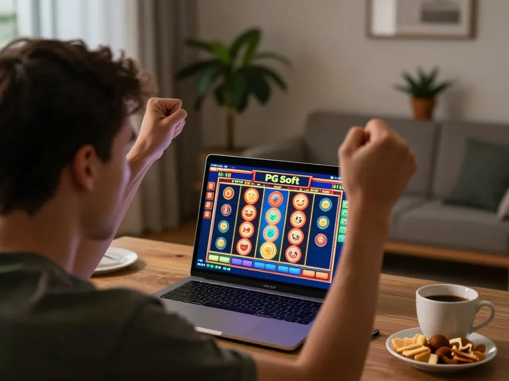 Pemain merayakan kemenangan pada permainan slot PG Soft Demo Gratis di rumah, suasana yang hidup