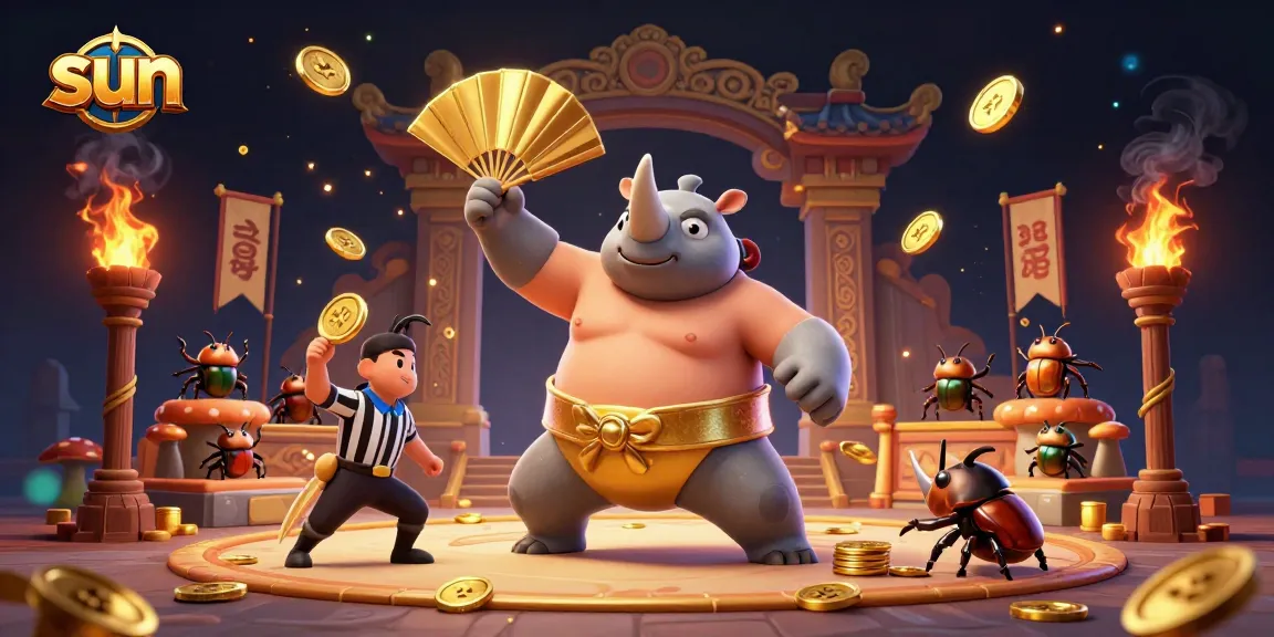 Sun-themed 3D casino illustration showcasing a beetle champion amidst dynamic betting elements.