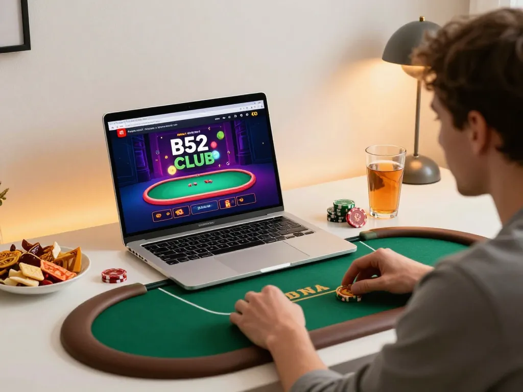 Engaged player enjoying b52club online poker game at a stylish home setup with snacks.