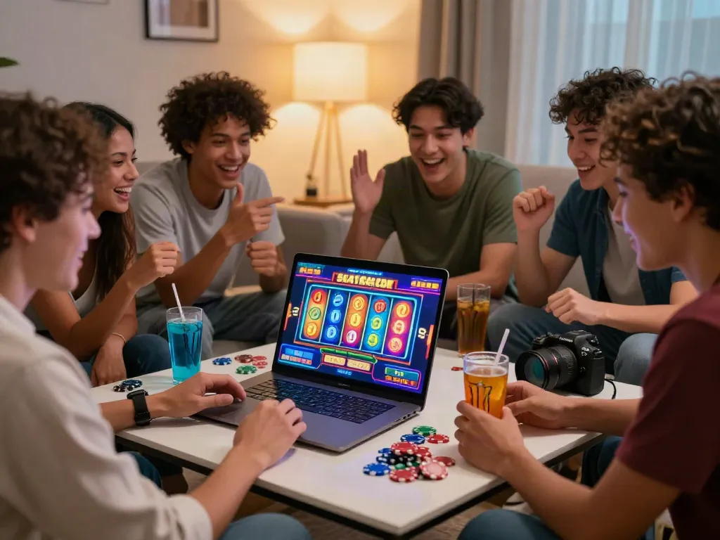 Friends enjoying a lively game night with SLOT GACOR slot game on screen, vibrant atmosphere.