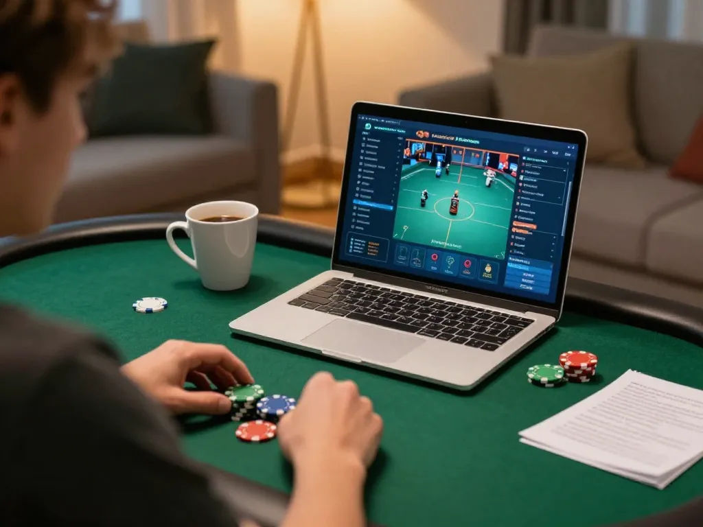 Engaging in online poker with CK444 on a laptop, showcasing a dynamic home gaming setup.