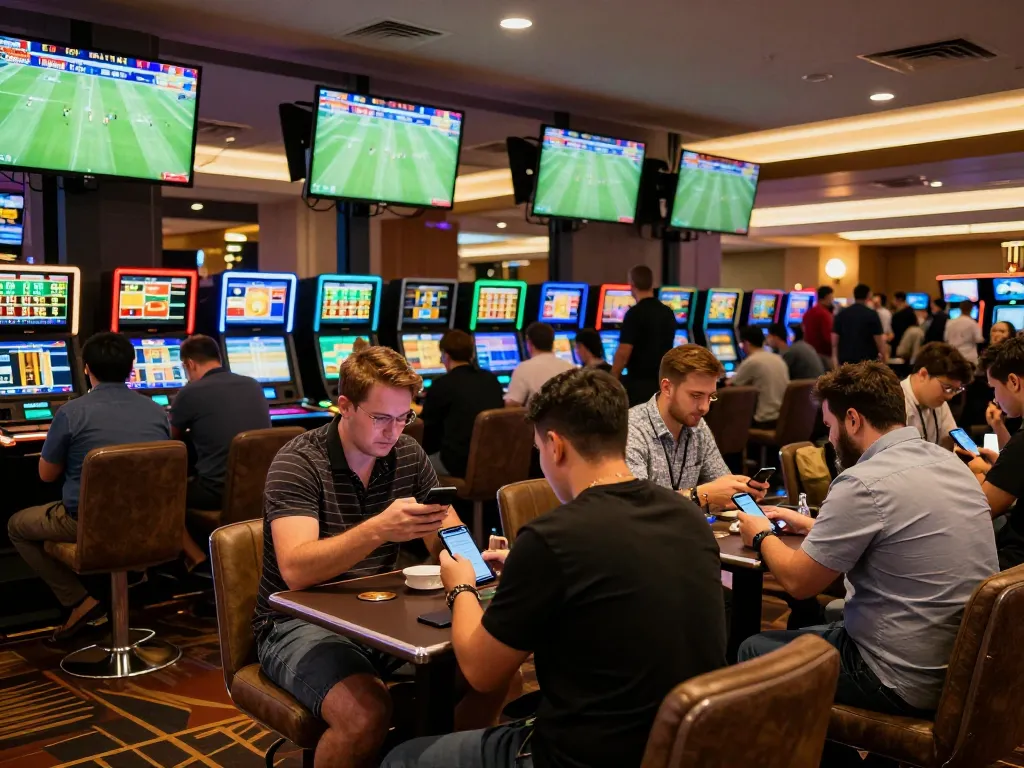 Engaged bettors exploring kèo bóng đá odds in a modern sports betting venue.