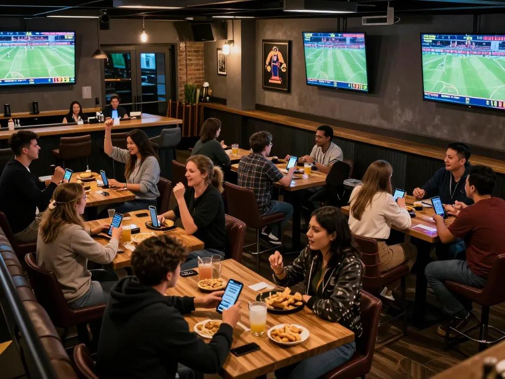 Engaged sports bettors at ymm88.cyou cheering and placing bets in a lively bar setting