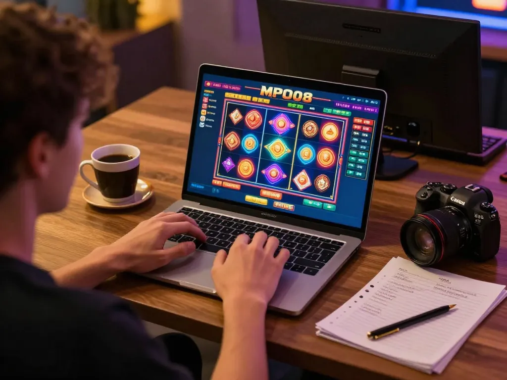 MPO08 player engaging with a laptop during an online slot game while implementing bankroll management strategies.