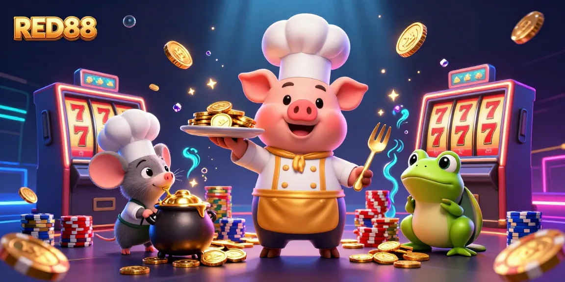 Join the excitement at RED88 with a vibrant 3D illustration of a casino chef pig and gold coins.