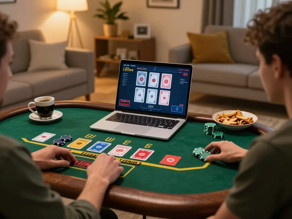 Engage in exciting online gambling at SC88 with live dealer blackjack on a laptop in a cozy setting.