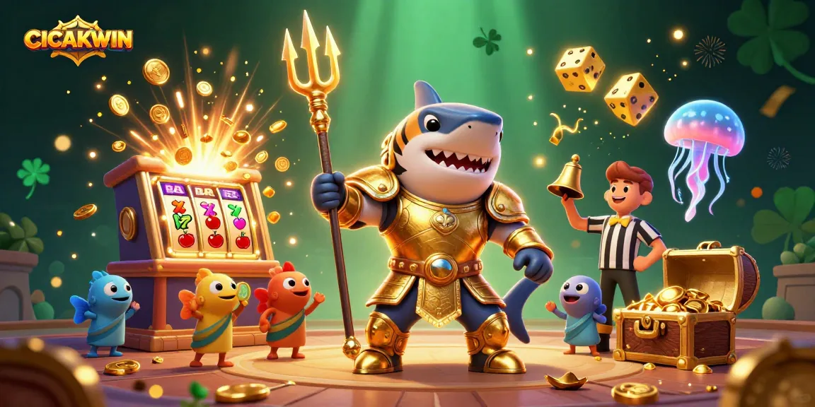 CICAKWIN slots jackpot explosion featuring a powerful shark hero with lively gaming elements.
