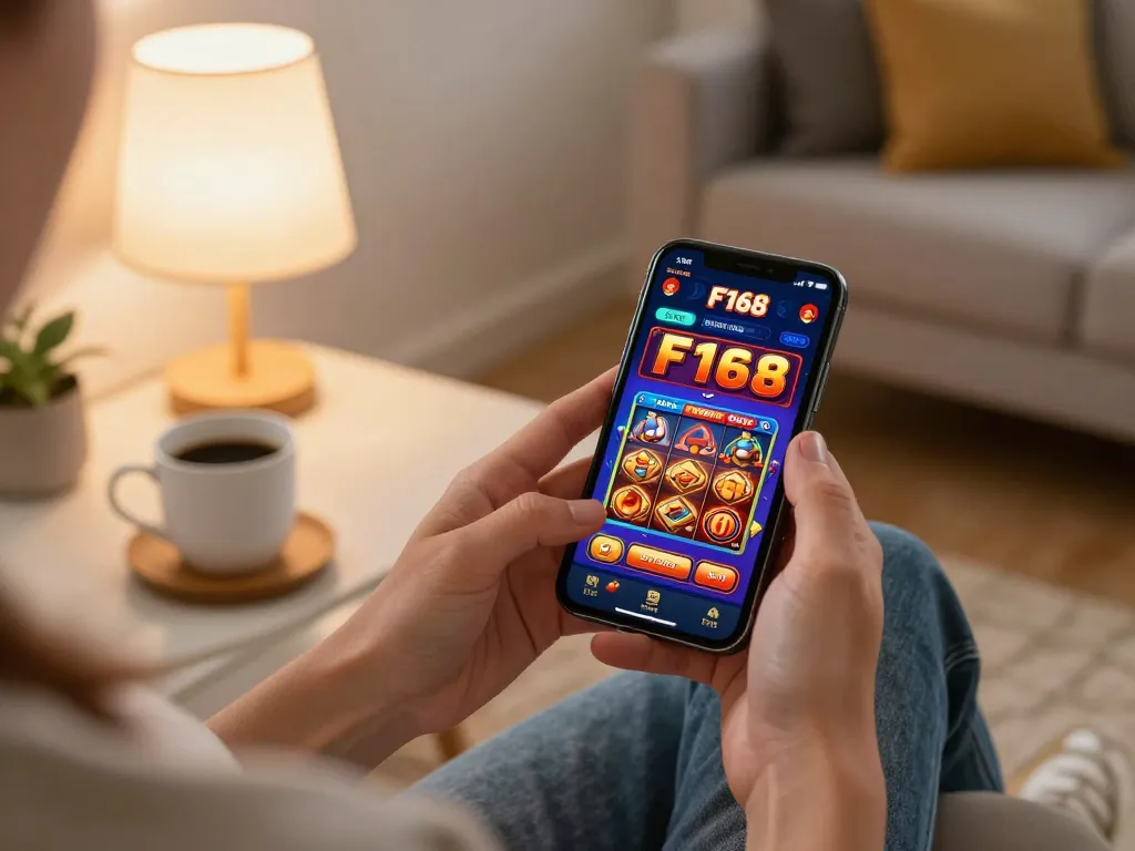 Engaging mobile gaming scene with a user experiencing F168 casino app on smartphone in a cozy home.