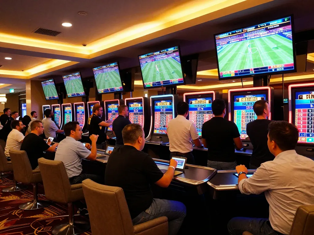 Sports betting excitement with players engaging in tr88 strategies and placing bets in an upscale casino.