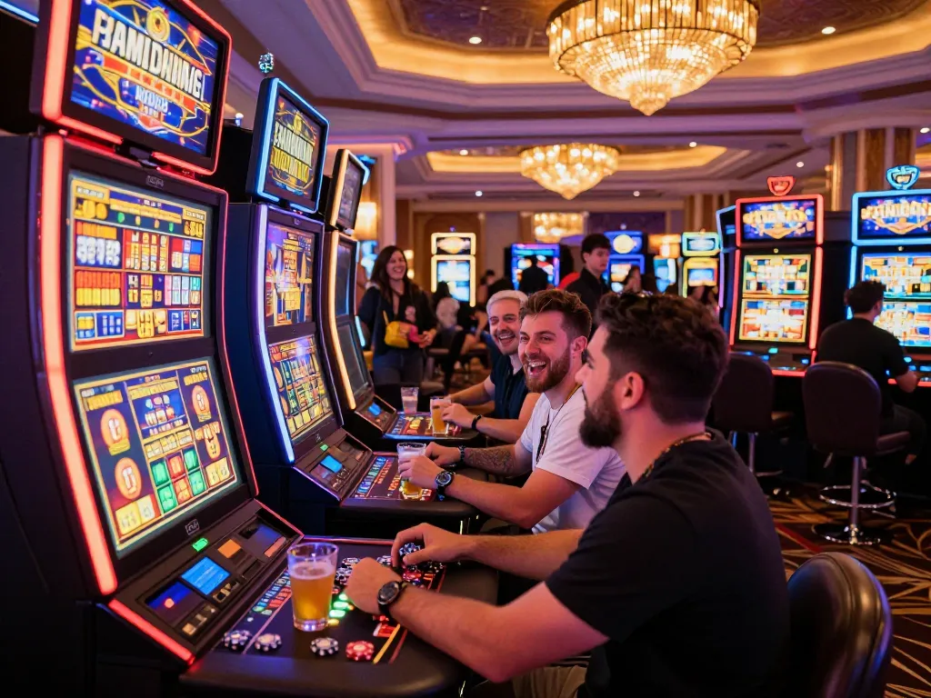 Permainan slot link yang menarik di kasino dinamis dengan beragam pemain merayakan kemenangan.