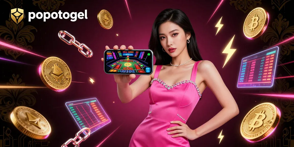 Engage with popotogel as a stunning Asian woman showcases a smartphone revealing a live casino game amidst vibrant cryptocurrency elements.
