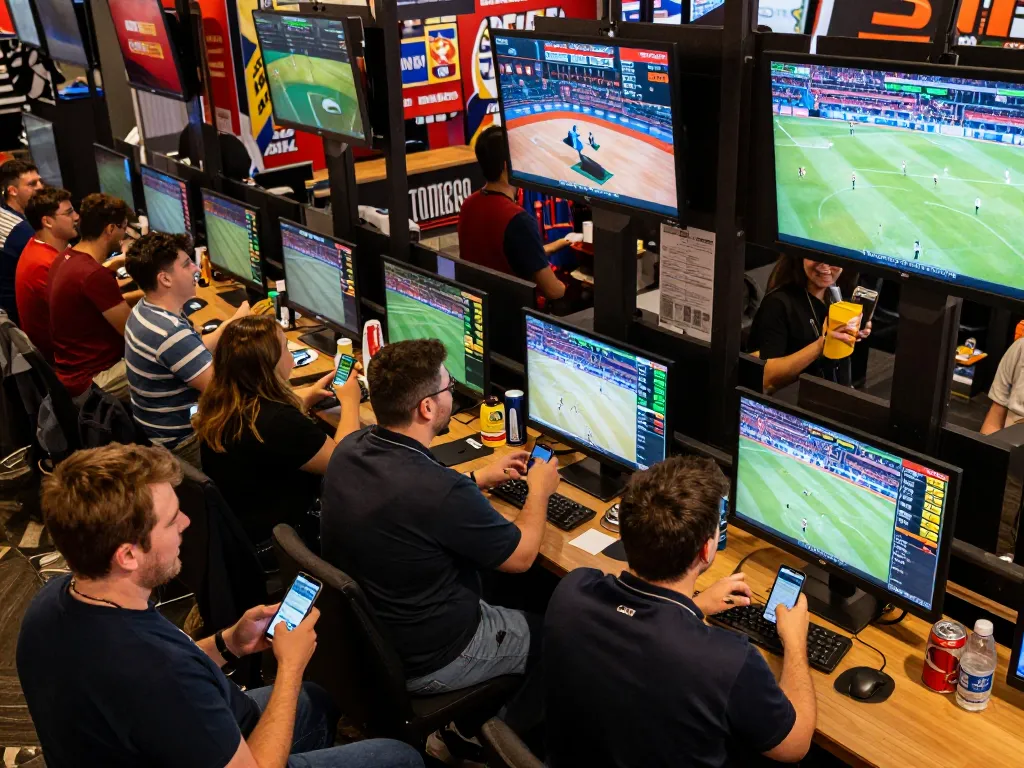 Enthusiastic sports fans engaging in live betting at a dynamic event while using gen-e apps to place wagers