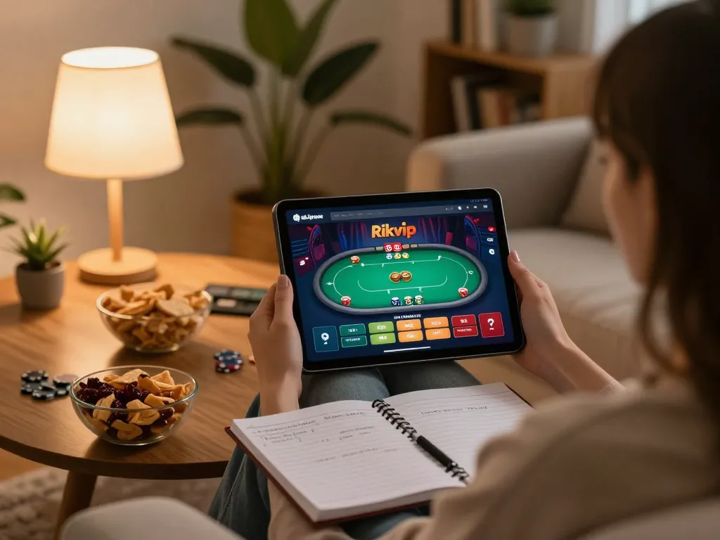 Engaging with Rikvip's online casino interface on a tablet during a cozy home gaming session.