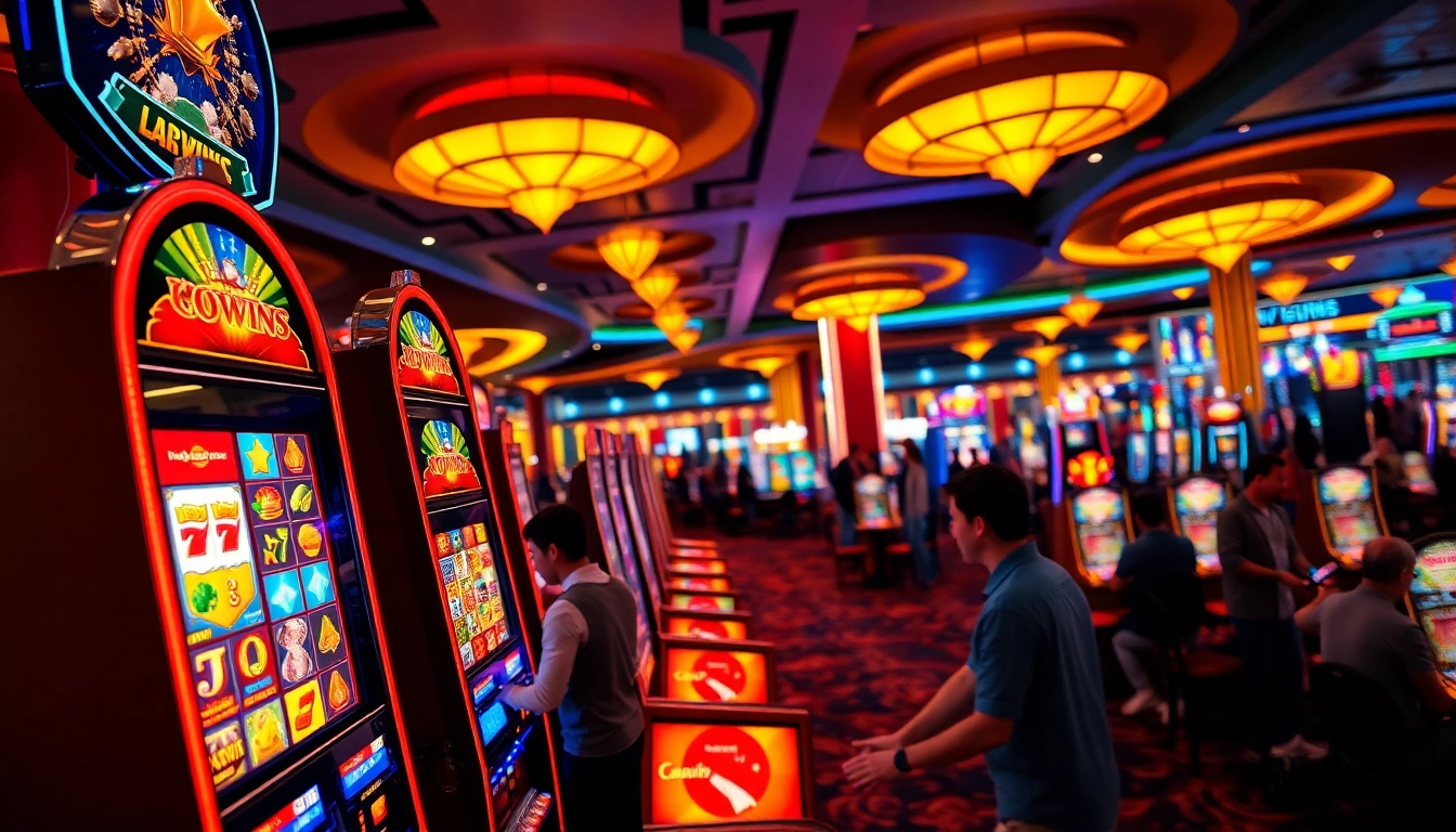 situs toto dengan mesin slot berwarna cerah dan pemain yang antusias
