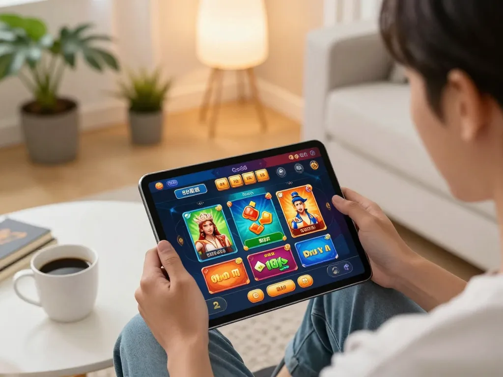 Người chơi thưởng thức trò chơi slot trực tuyến Go88 trên máy tính bảng trong một không gian phòng khách ấm cúng