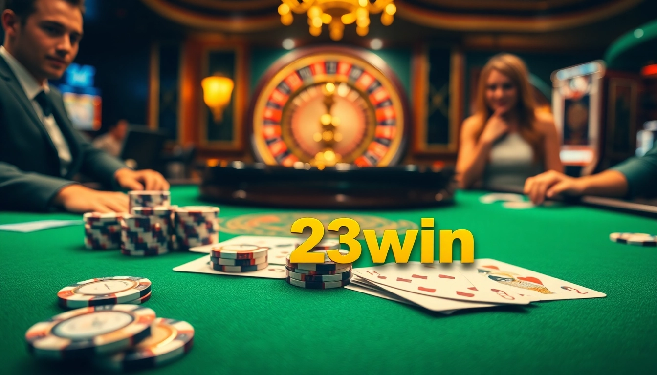 The thrill of poker at 23win with premium chips and cards in a luxury casino setting.