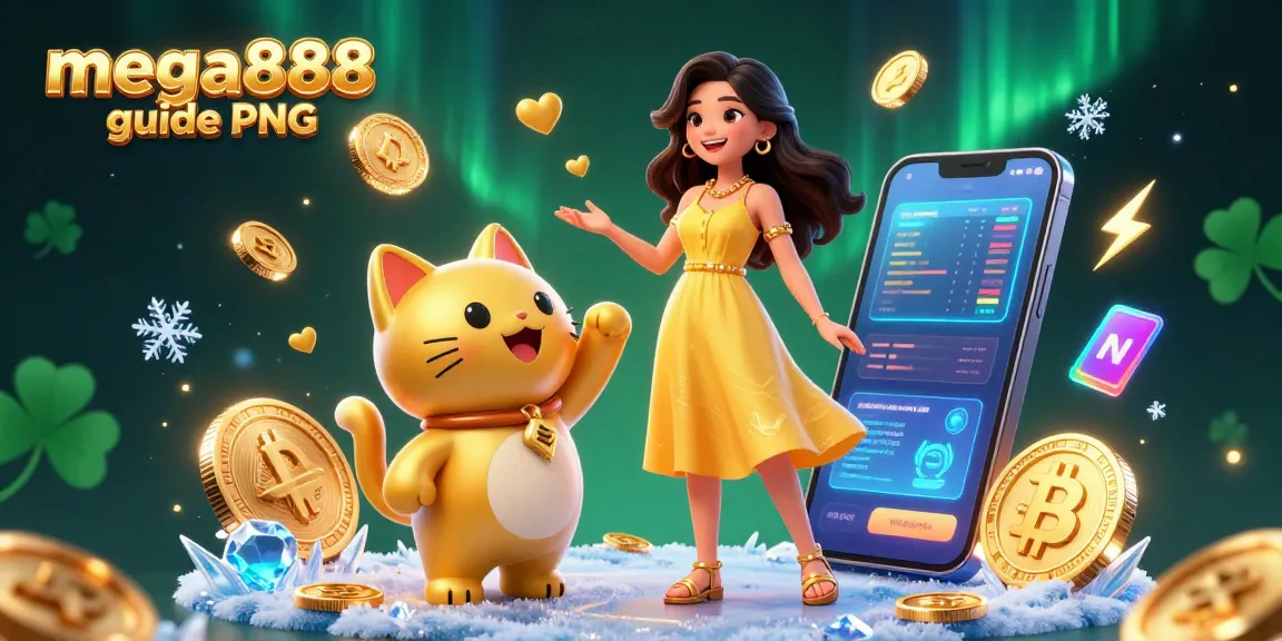Engage with the mega888 guide PNG, featuring vibrant characters amidst dynamic gaming elements