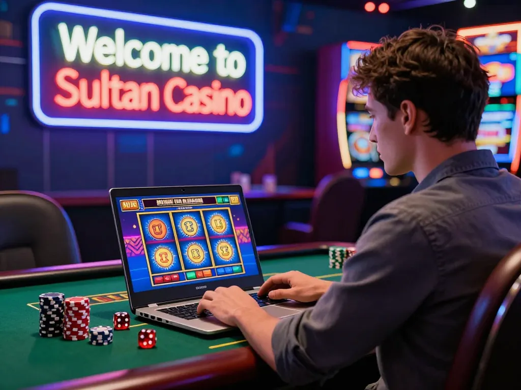 Player celebrating a win at Sultan Casino with chips and dice in a lively digital atmosphere.