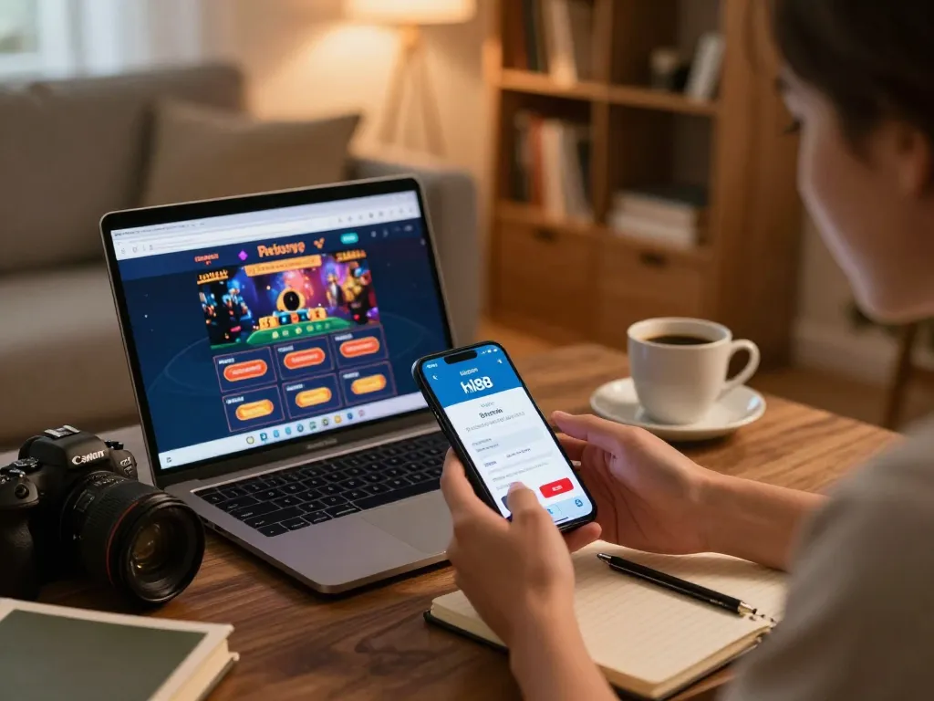 Engaged player using mobile app for hi88 đăng nhập in a cozy home gaming setup with casino games