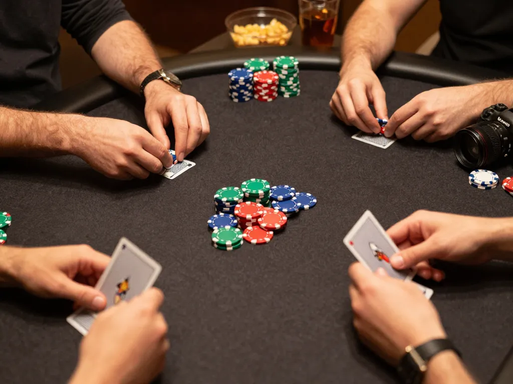 Friends strategizing during a poker night at home, kubet79 showcasing engaging gameplay.