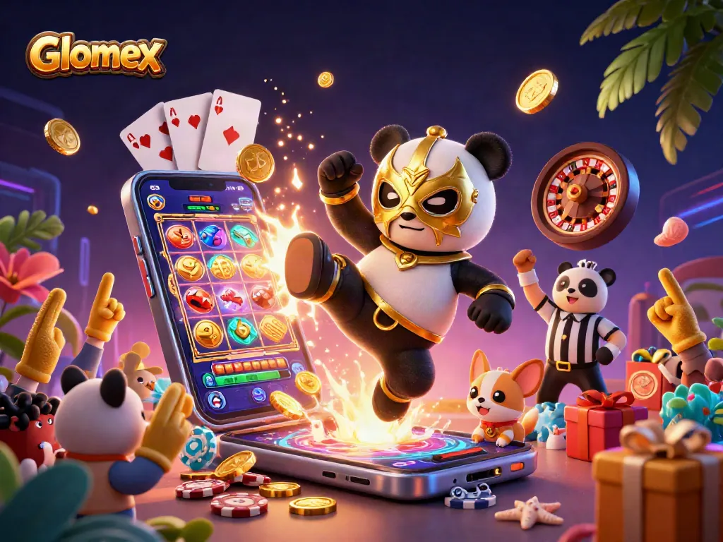 Experience thrilling gaming action with Glomex in this vibrant 3D casino scene featuring a panda and lively animal spectators.