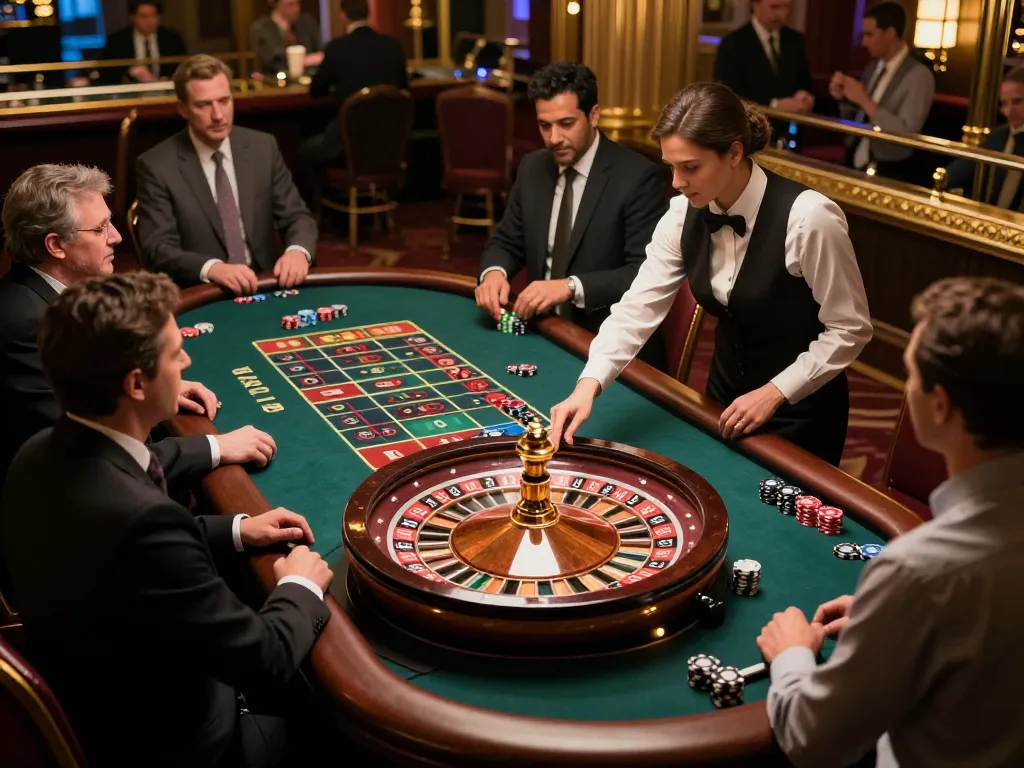 Exciting roulette action at g28tv casino with players placing bets, vibrant wheel spinning, and elegant atmosphere