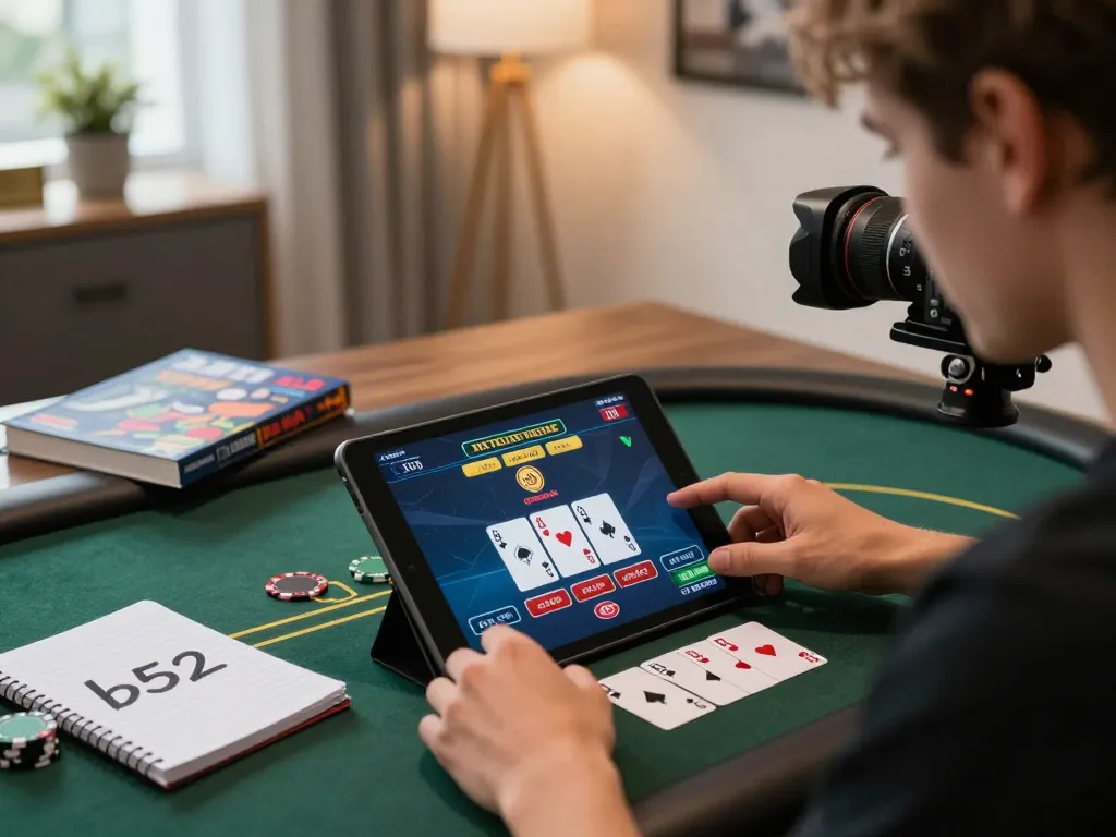 A player enjoying B52 online poker on a tablet, immersed in strategic gameplay.