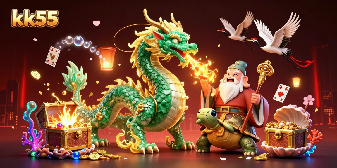 kk55 captures the thrill of online gambling with vibrant casino characters and vivid treasures.
