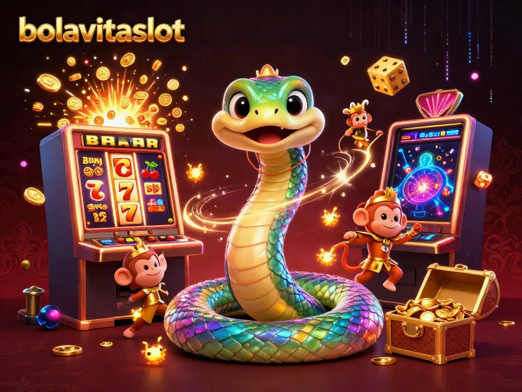 Experience the excitement of bolavitaslot with colorful characters and a jackpot explosion in this dynamic casino illustration.