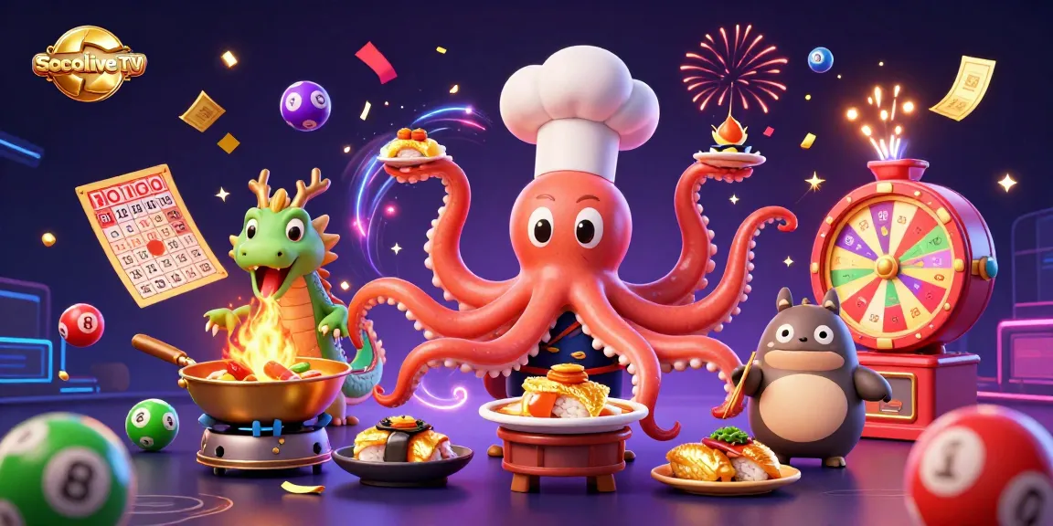 Socolive TV showcases an engaging scene with a sushi chef octopus cooking as colorful lottery balls bounce around energetically.