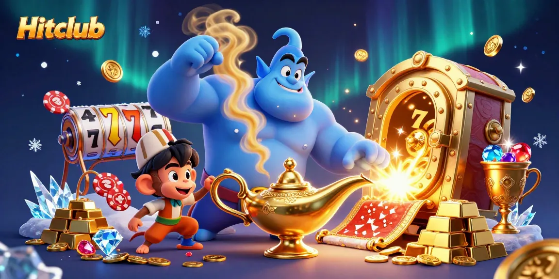 Engage in the thrilling world of Hitclub with vibrant casino imagery featuring gems, gold, and playful characters.