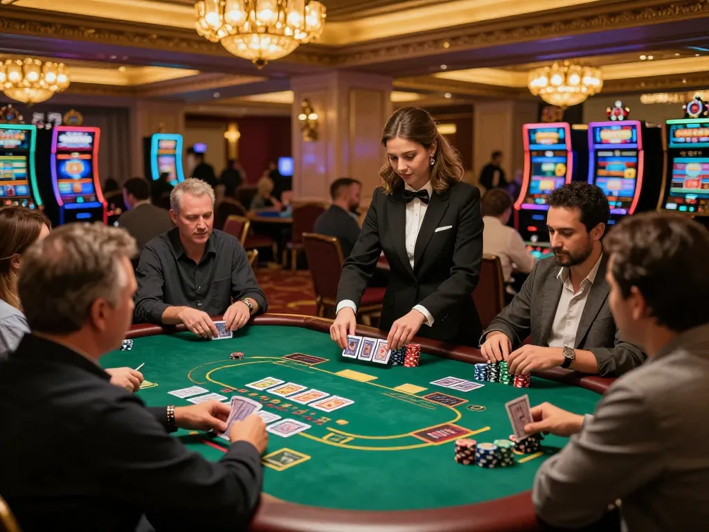 Players at RR88 blackjack tables analyzing their cards in a striking casino setting, showcasing luxury and excitement.