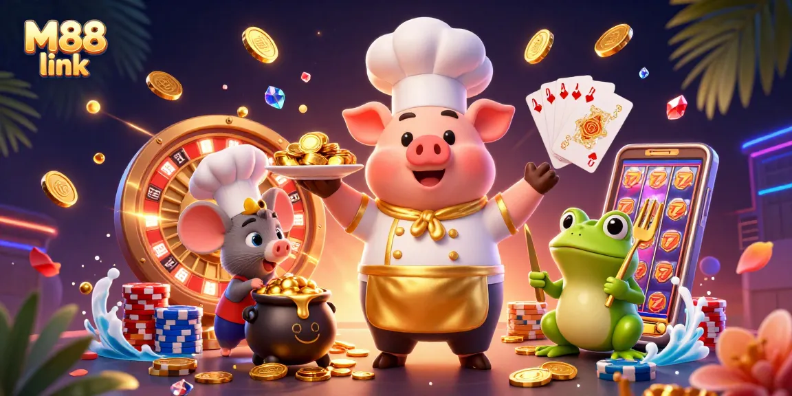Experience thrilling gameplay with M88 link showcasing gourmet gold coins and vibrant casino elements.