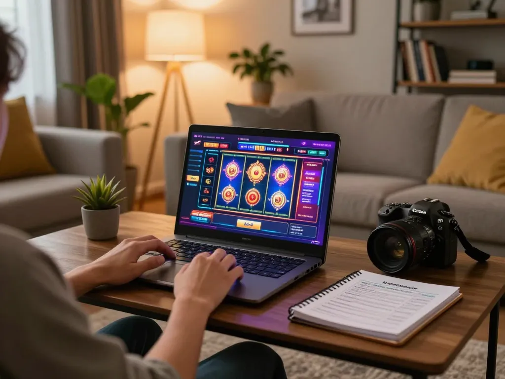 Engaging scene of a player enjoying tr88 online gaming on a laptop while managing bankroll in a cozy living room.