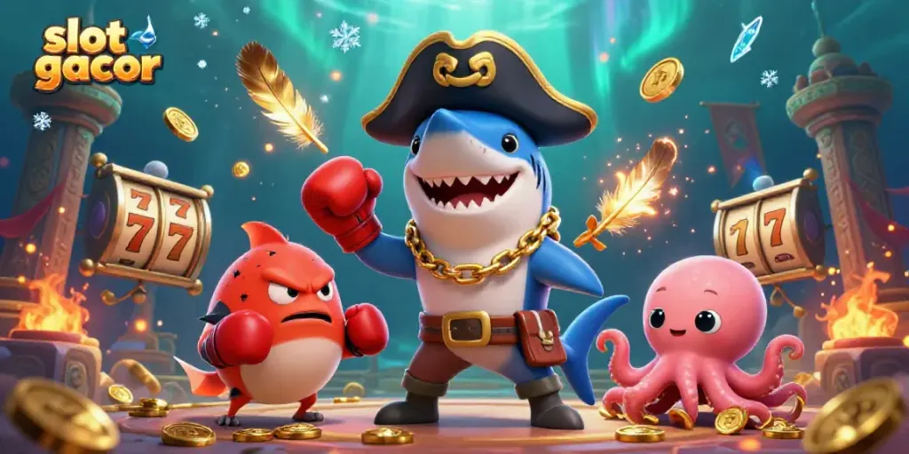 Join the excitement of slot gacor with this vibrant 3D illustration featuring lively characters and slot game elements.