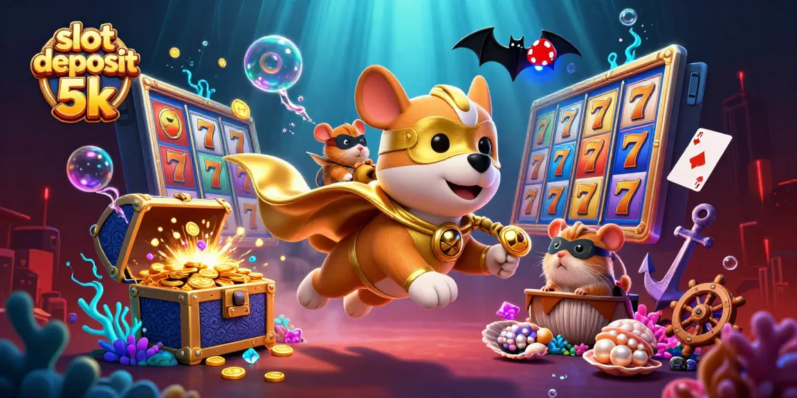 Experience excitement with slot deposit 5k illustrated by a superhero dog and hamster, vibrant casino elements.