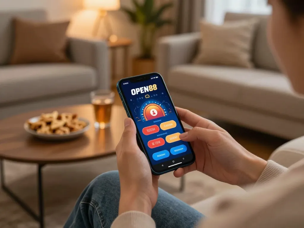 An individual using the OPEN88 casino app for mobile gaming in a cozy living room environment.