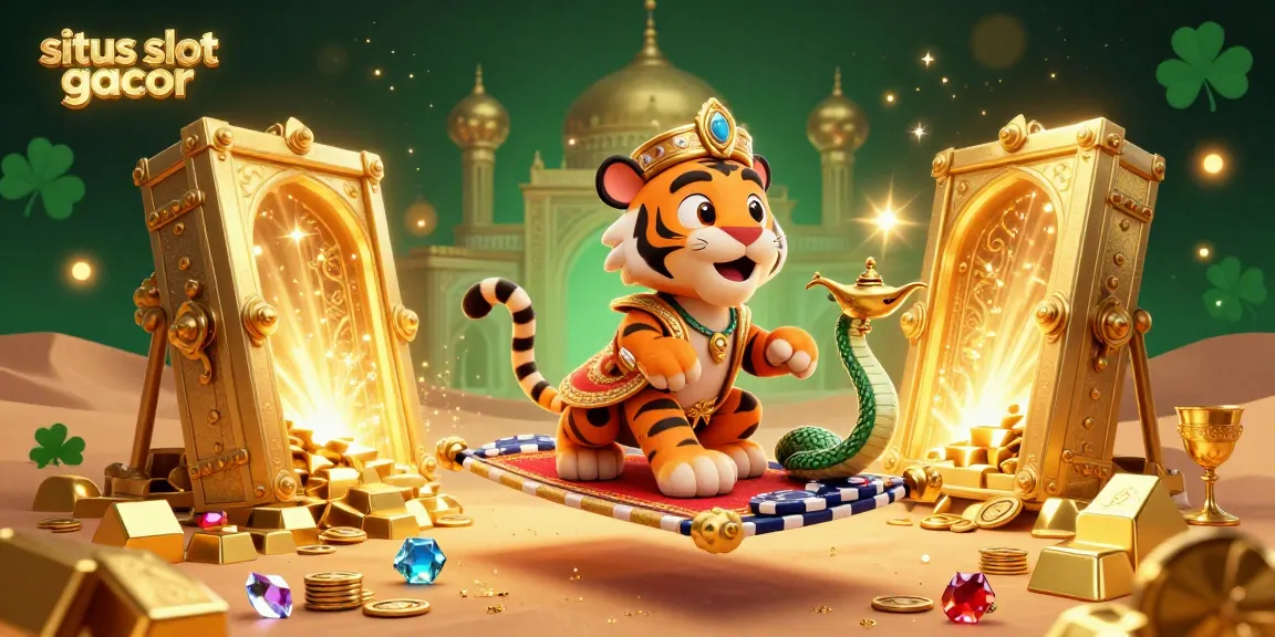 Sparkling scene of situs slot gacor featuring a tiger sultan on a carpet of poker chips, surrounded by treasures and gems.