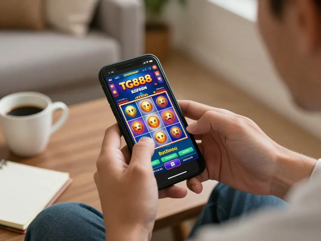 Player enjoying Tg888 mobile casino app with vibrant slot game interface in cozy home setting