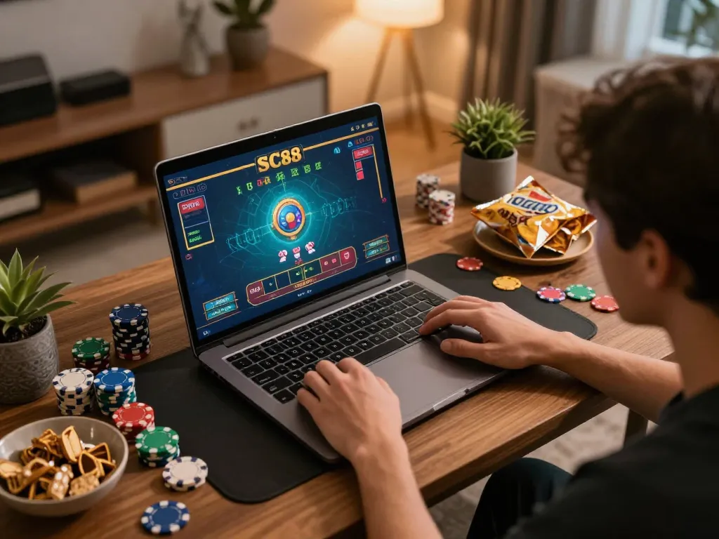 Player enjoying SC88 online casino gaming experience on a laptop with poker chips nearby.