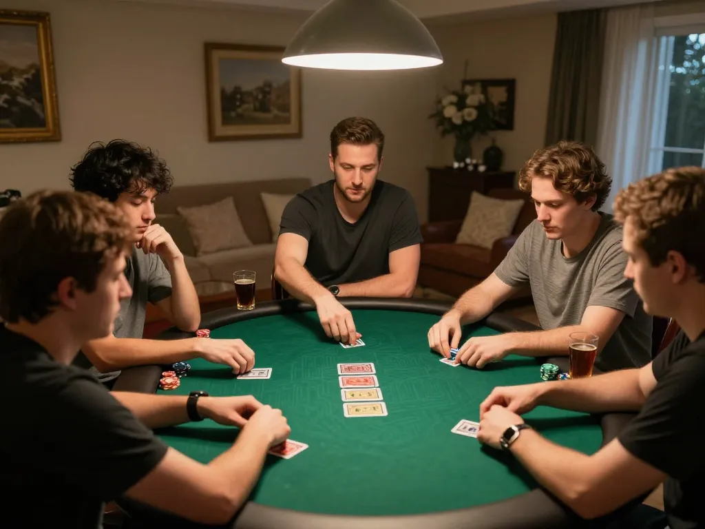 Engaged players strategizing their moves at a LGOSUPER poker game in a cozy home environment.