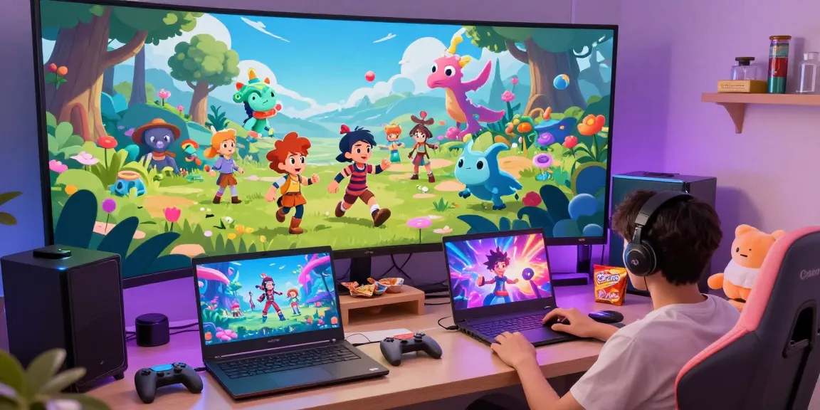 Vibrant scene depicting gay hentai game characters in action, showcasing colorful fantasy adventures and gaming devices.