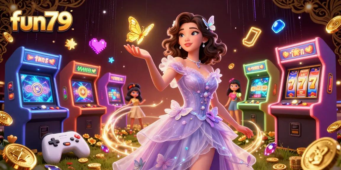 Experience fun79 gaming with vibrant characters amidst dazzling arcade and jackpot elements.