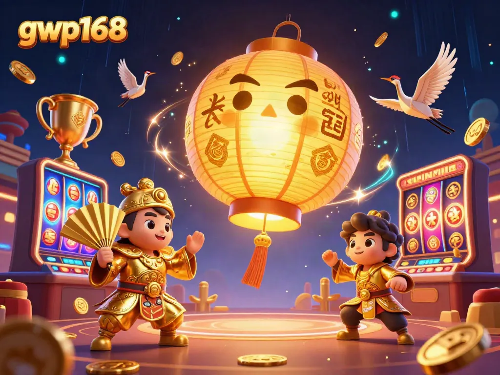 Permainan slot GWP168 yang mengasyikkan dengan karakter kompetitif dan simbol keberuntungan yang mengelilinginya.