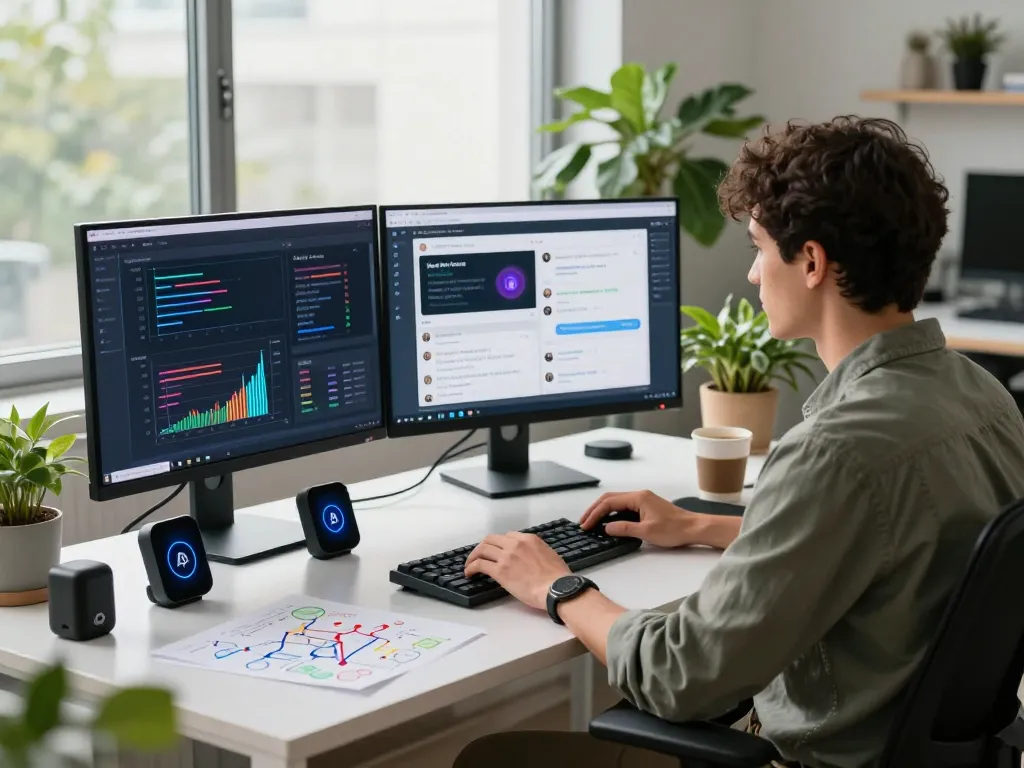 Person engaged in innovative AI technology workspace showcasing juicy ai interactions and insights with dynamic visuals.
