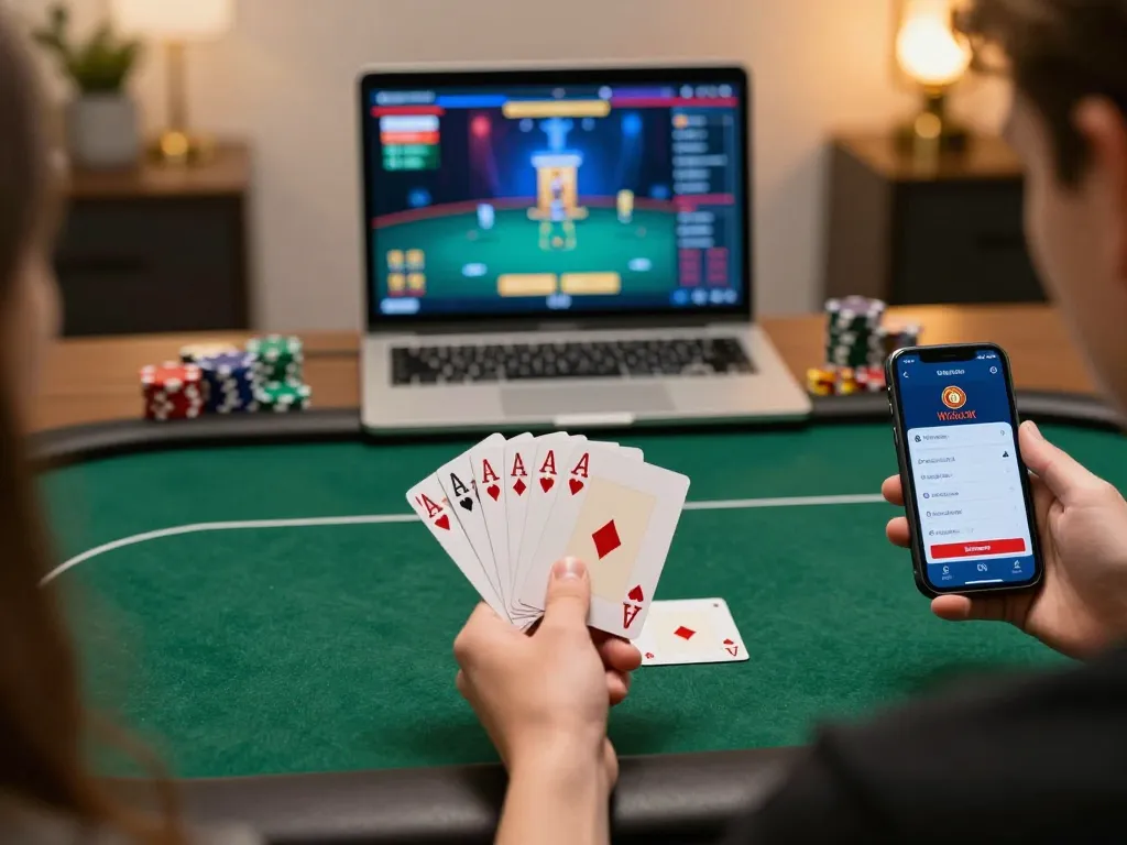 The excitement of online poker gameplay at https://gemwin.pics with player showing winning cards in stylish home setting.