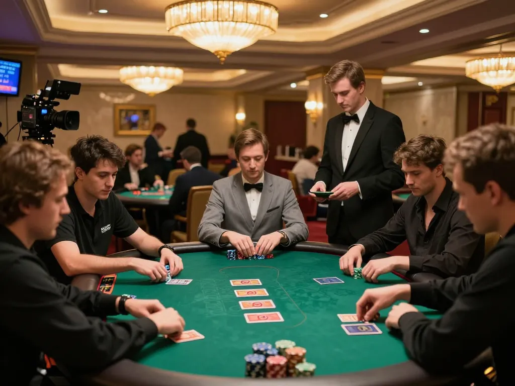 Engaged players strategize during a high-stakes poker tournament showcasing mpoid tactics in an upscale casino.